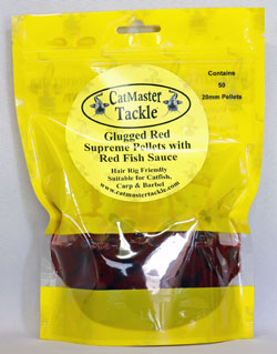 CatMaster Tackle Hair Rig Friendly 20mm Glugged Red Supreme Pellets in our Red Fish Sauce. Small Pouch contains 50 pellets